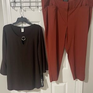 Brown 3x top with bell sleeves stretchy nwt 3x pants sz  28 lane Bryant rust